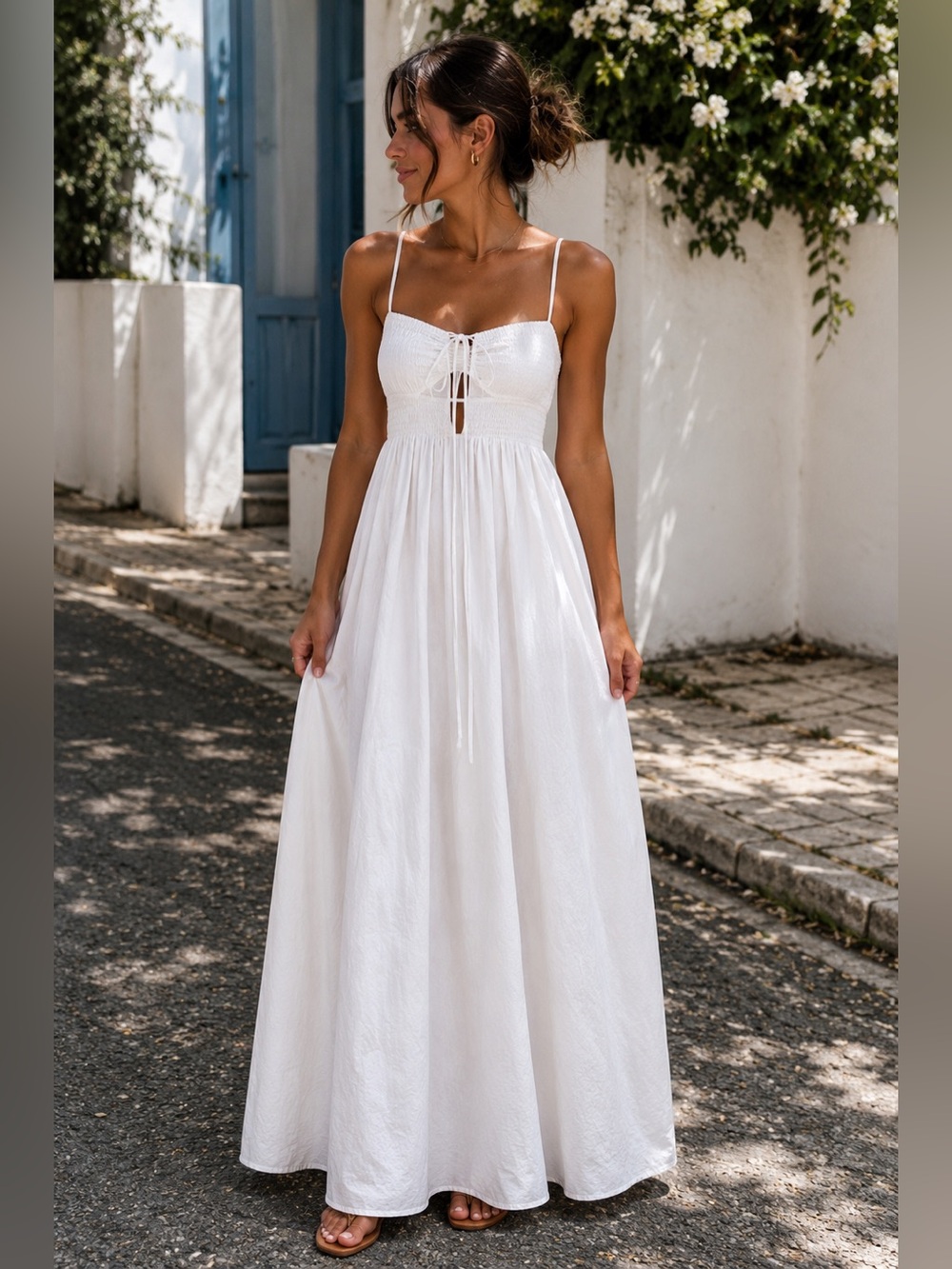 White Smocked Keyhole Maxi Dress | Tie Front Boho Summer Dress
